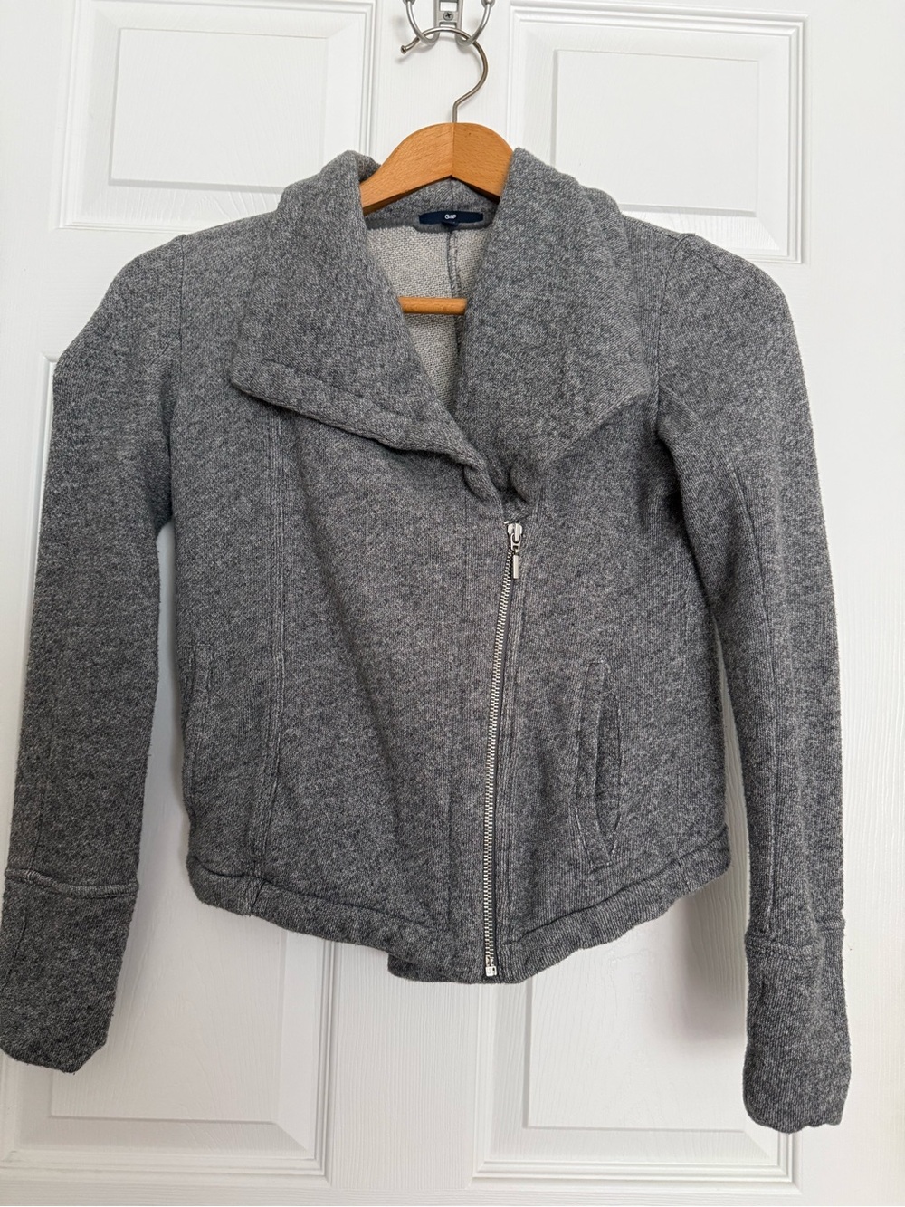 GAP Gray Cotton Womens XS Asymmetrical Zip Moto Cardigan Lagenlook Soft Grunge